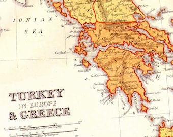 Turkey & Greece Map 1871 Victorian Lippencott Antique Copper Engraving Vintage European Cartography