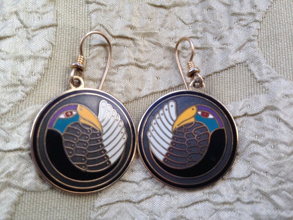 Laurel Burch Earrings BLACK MYNAH BIRD Cloisonne … - image 1