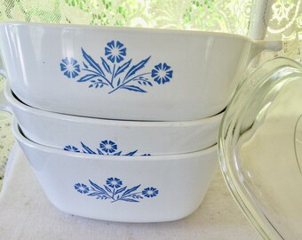 Corning Corelle Set 1 Qt, 1 1/2 Qt, 1 3/4 Quart Covered Casseroles Cornflower Blue 1970s Retro Kitchen Classic USA Stovetop Safe