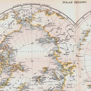 Régions polaires du pôle Nord, aquatinte, grande gravure sur cuivre antique, carte victorienne vintage de 1892, Amérique du Nord à encadrer