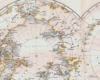 North South Pole Polar Regions Aquatint Map Large Antique Copper Engraving 1892 Vintage Victorian Map North America To Frame