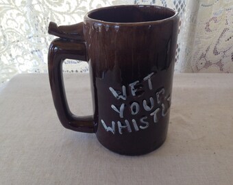 Whistle For Your Beer Mug Stein Maine Vintage 1970s Retro Bar Ware Brown Drip Glaze