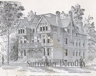 Gothic Brick Dwelling Plans Antique Victorian Architecture 1880s Vintage House Plans Print To Frame Black & White