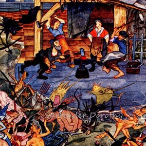 Peut inclure: Une illustration colorée représentant une scène de forge avec un groupe de personnes travaillant à une enclume. La scène se déroule dans un atelier avec une structure en bois et une clôture. L'illustration est remplie de créatures fantastiques et de détails, notamment un oiseau noir, une licorne et une variété d'autres êtres mythologiques.
