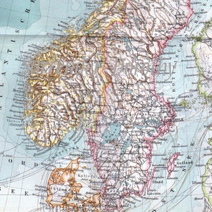 Norvège Suède carte Antique édouardienne vintage 1906 cartographie européenne à encadrer