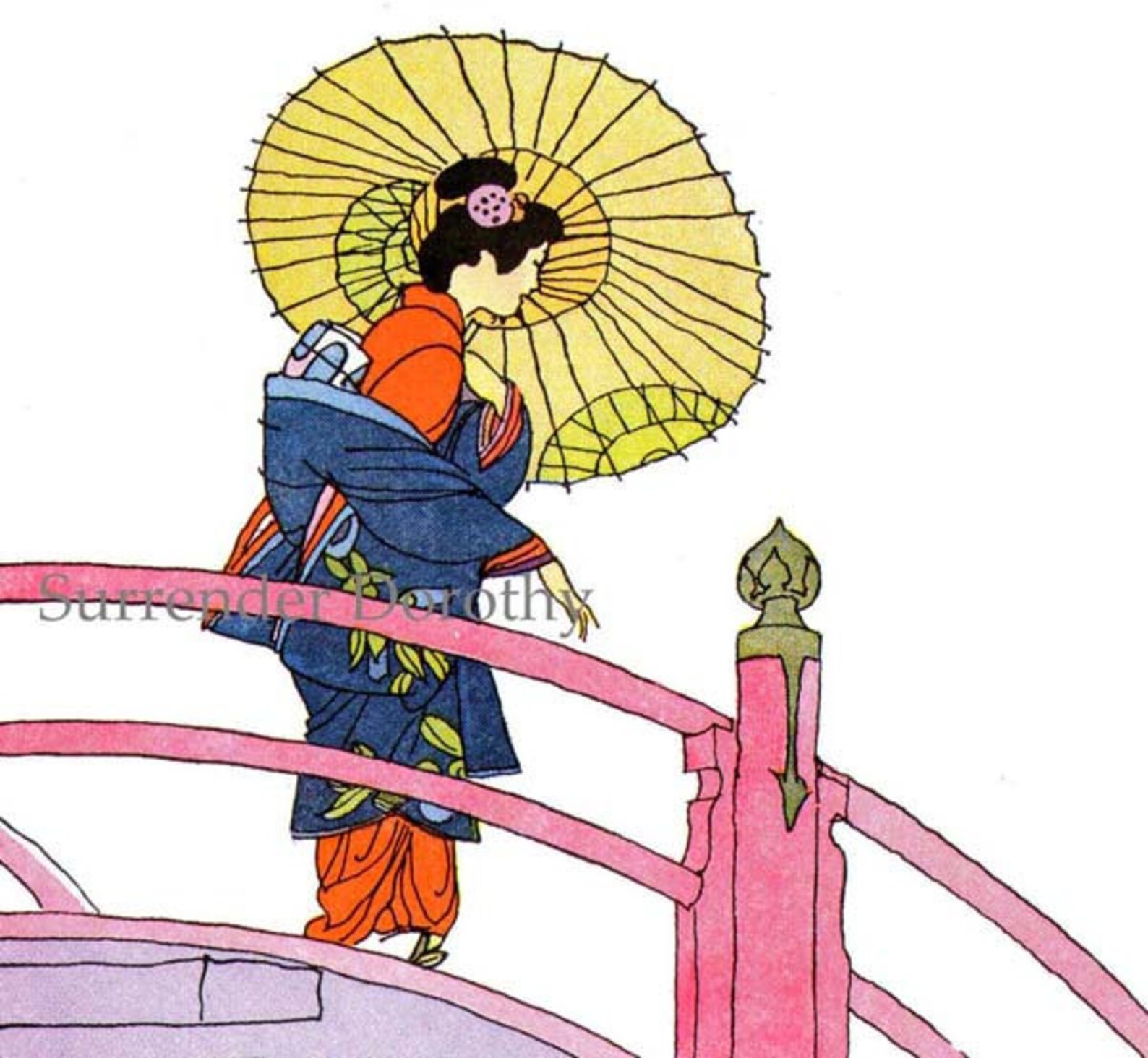 Geisha Lady Crossing Bridge Japan Vintage Children's Print Etsy