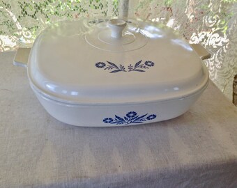 Corning A-24 Covered Casserole Skillet Cornflower Blue Matching White Cover RARE 1970s Retro Kitchen Classic USA Stovetop Safe