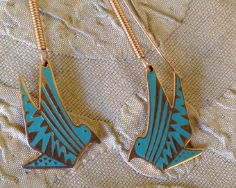 Laurel Burch Earrings LITTLE TURQUOISE BIRD Cloisonne Dangle French Ear Wires Vintage Jewelry 1980s Teal Gold