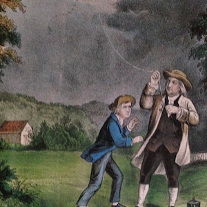 May include: A vintage illustration depicting a man and a boy flying a kite during a thunderstorm. The man is holding a key attached to a string, while the boy holds the kite string. The scene is set against a backdrop of a cloudy sky and a distant house.