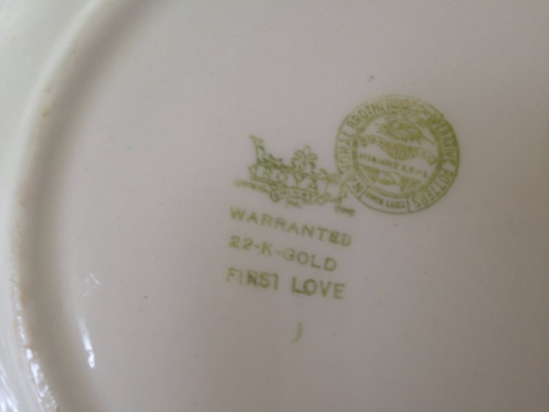 Royal China First Love 22k Gold Salad Plate Set 6 Bowls Vintage Floral China USA 1940s Shabby Chic Kitchen