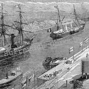 May include: A black and white engraving depicting a scene of ships in a harbour.  The ships are sailing into the harbour and there are people on the docks.  The ships have sails and masts.  There are flags flying on the ships and on the docks.