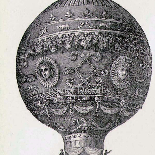 Montgolfier's Ballon & Vliegmachines 1892 Vintage Victoriaanse luchtvaart uitvindingen Antieke kaart van vroege vlucht zwart en wit