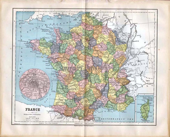 France Map 1888 Paris Corsica Inserts Antique Steel Engraving