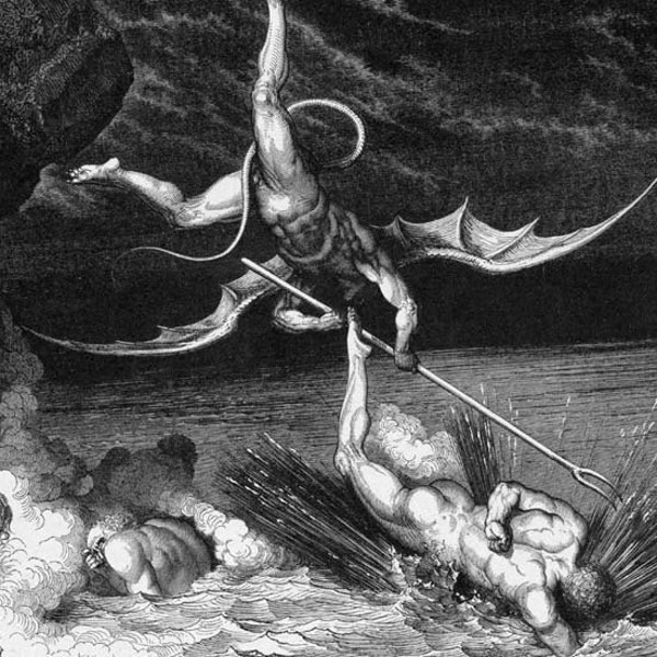 Alichino & Calcabrina Grapple Above Pitch Vintage Gothic Engraving Gustave Dore Inferno Canto 22 Hell Black and White