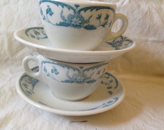 2 Syracuse China Coffee Cups Saucers Blue Floral Set Vintage Heavy Restaurant China 1940s