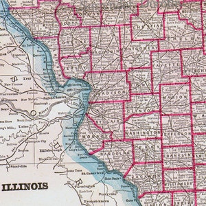 イリノイ州アメリカ州地図アンティーク銅版画北米地図1892年ビクトリア朝地理アート額装