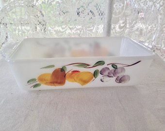 Vintage Bread Loaf Pan FireKing Gay Fad Studios Hand Painted Fruit Classic Mid Century USA Milk Glass Fire King