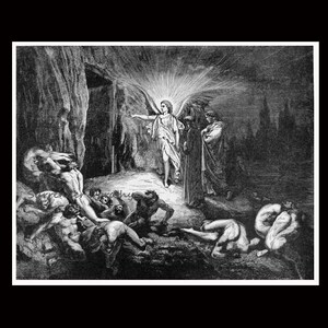 May include: A black and white illustration of a winged angel emerging from a cave, with a group of people huddled together in the foreground. The angel is holding out a hand, as if to guide the people.