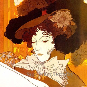 May include: An Art Nouveau style illustration of a woman wearing a large hat with a floral accent and a ruffled collar. The color palette is warm, featuring shades of brown, gold, and cream. The woman is looking down at a document.