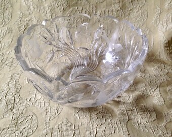 Crystal Fruit Vegetable Bowl Birds Flowers 8" Vintage Brilliant Hand Cut Super Fancy Holiday Serving