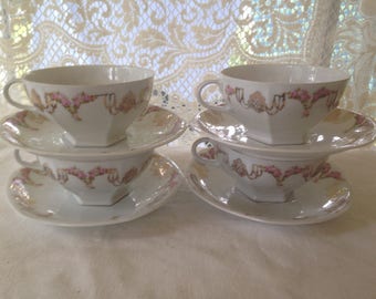 M Z Altrohlau Austria China Coffee Teacup Saucer Set FOUR Rose Garlands 24k Gold Swags Moritz Zdekauer Tea Cups