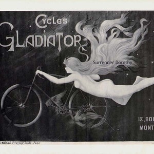 Gladiator Bicycle Art Nouveau Advertisement 1895 Victorian Era Lithograph Poster Ad To Frame Black & White image 2