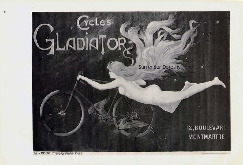 Gladiator Bicycle Art Nouveau Advertisement 1895 Victorian Era Lithograph Poster Ad To Frame Black & White image 2