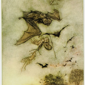 Feen Rere-Mäuse Sommernachtstraum Shakespeare Arthur Rackham Vintage Kinderzimmer Lithografie Kunstdruck Zum Rahmen