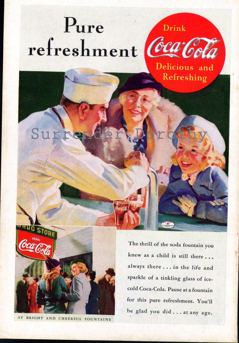 Coca Cola Ad Soda Fountain Pure Refreshment Vintage Original | Etsy 1960s Soda Advertising