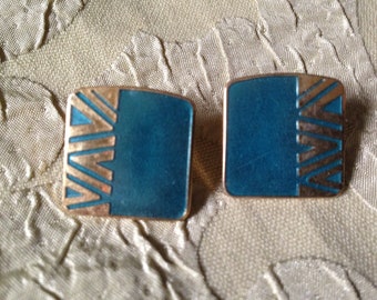Laurel Burch Earrings Turquoise Teal NAITO Cloisonne Post Stud Vintage Jewelry 1980s Gold