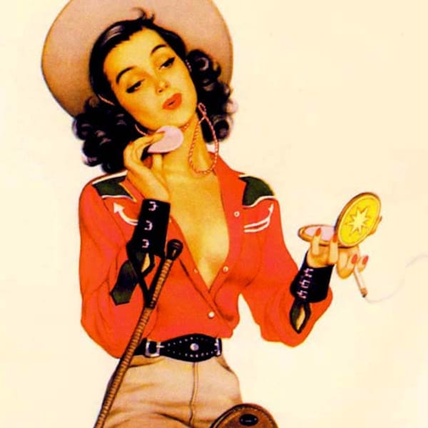 Powderpuff Cowgirl Brunette Bombshell Pinup Girlie Poster Print Ben Hur Baz Mid Century Cheesecake Art 1940s