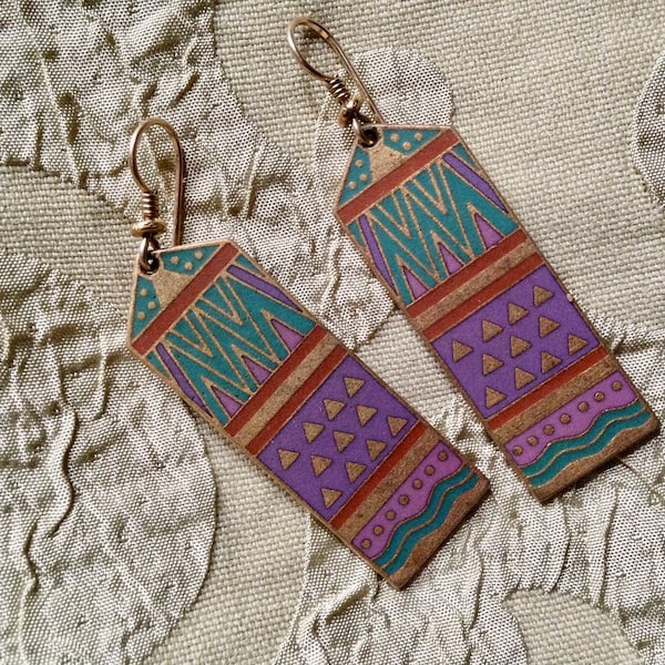 Laurel Burch Earrings UMBIA Geometric Shields Cloisonne French Ear Wire Dangle RARE Vintage Jewelry 1980s Gold Filled Purple Teal Russet