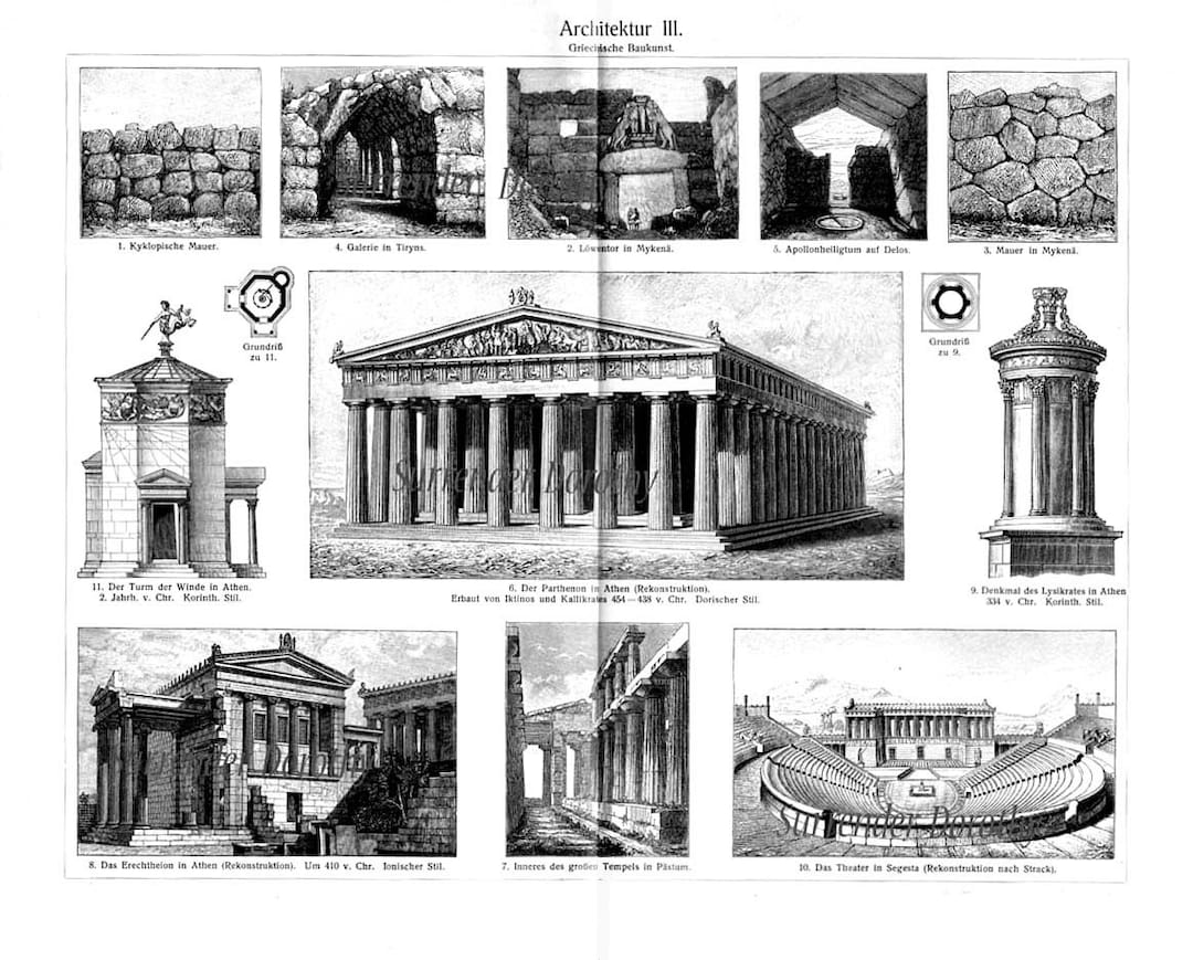 古建築の細部文様 Details of Old Architecture Ancient Greek Architecture 1906 Edwardian Vintage Print Steel