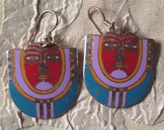 Laurel Burch MAORI Tribal Face Cloisonne Earrings RARE French Ear Wire Style Vintage Jewelry 1980s Red Purple Teal Orange Dangle