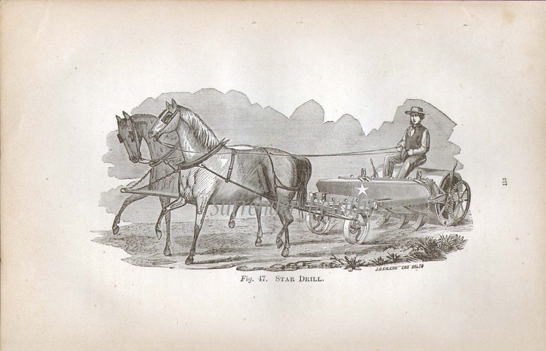 Star Drill Planter 1869 Antique Farm Agriculture Vintage Engraving Civil War Period To Frame Black /& White