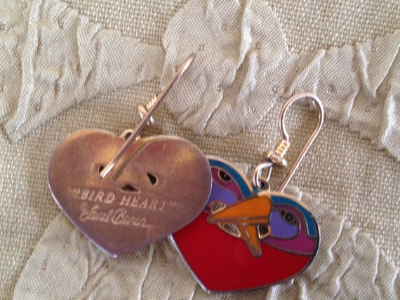 Laurel Burch Earrings HEART BIRDS Cloisonne Dangl… - image 2