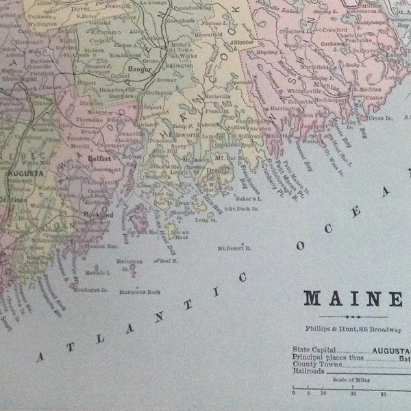 Maine USA State Map Antique Copper Engraved North American Cartography 1880 Victorian Geography Art To Frame