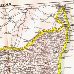 サフォーク州 イングランド 地図 アンティーク 銅版画 ヴィンテージ ヨーロッパ地図 1892 ビクトリア朝 地理 アート 額装