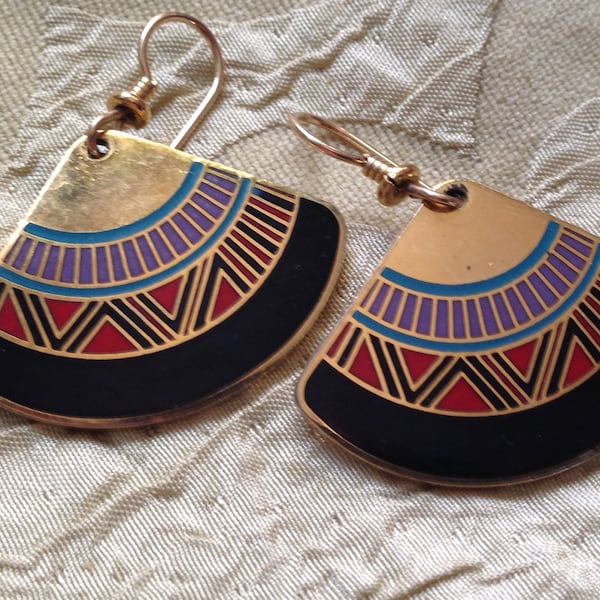 Laurel Burch Earrings BLACK MALI FANS Brass Cloisonne Dangle French Earwires Vintage Jewelry 1980s