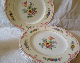 4 Meakin Newbury China Dinner Plates Set Floral Gold Filigree Trim 1930s England Vintage Kitchen Dining Country Cottage