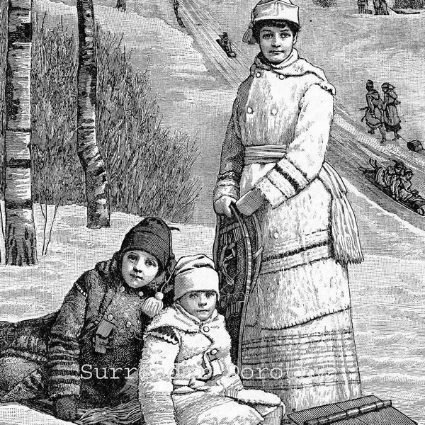 Winter Outing Victorian Mother, Kids 1892 Engraved Children's Illustration For Framing Black & White