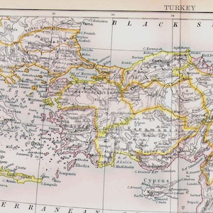 トルコ地図 アンティーク アクアチント 銅版画 1892年 大型 ヴィンテージ 中東 地図作成 ビクトリア朝 地理 アート 額装