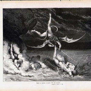 Peut inclure: Une illustration en noir et blanc d'un d&eacute;mon ail&eacute; avec une lance, attaquant un homme dans une mer orageuse. Le texte "Fend at once a shield. To thee are given" est en bas de l'image.