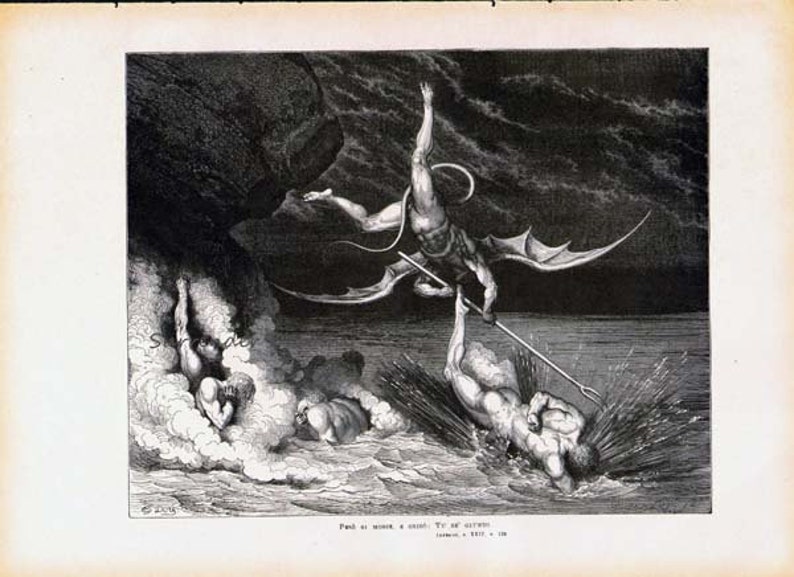 Peut inclure: Une illustration en noir et blanc d'un d&eacute;mon ail&eacute; avec une lance, attaquant un homme dans une mer orageuse. Le texte "Fend at once a shield. To thee are given" est en bas de l'image.
