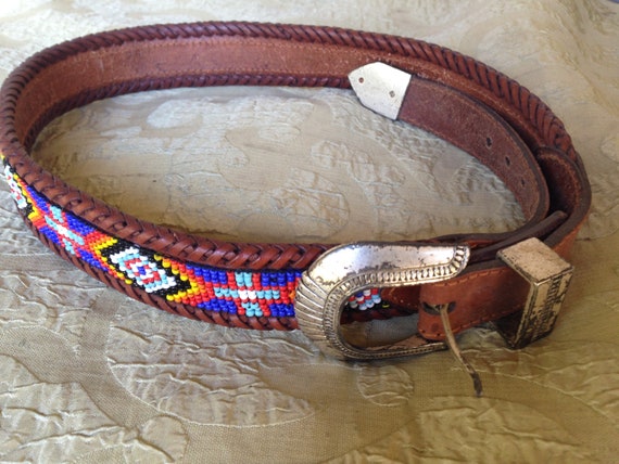 Vintage Brown Steerhide Leather Belt Handsewn w G… - image 1