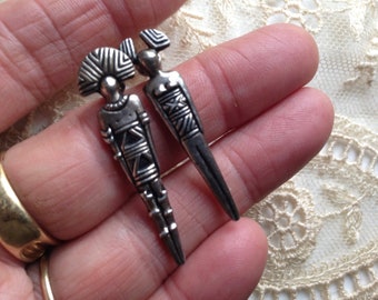 Laurel Burch Earrings TRIBE MAN WOMAN 1.5" Long Post Stud Vintage Statement Jewelry 1980s Silver