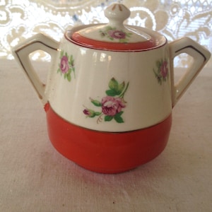 Tiny Covered Sugar Bowl Persimmon Orange Floral Pretty Serving Piece For Your Vintage Kitchen Japan