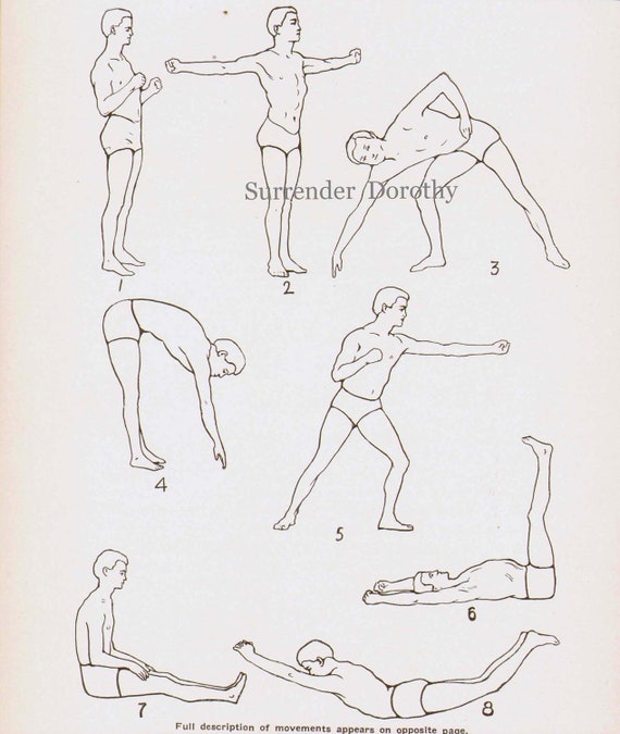 Health Fitness Stretching Exercises for Men Chart Tiny Guys in Awkward Positions Black and White Etsy
