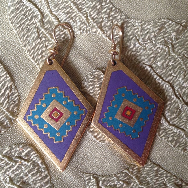 Laurel Burch Earrings MIWOK Native Inspired Cloisonne Dangle French Earwires Vintage Jewelry 1990s Gold Filled RARE
