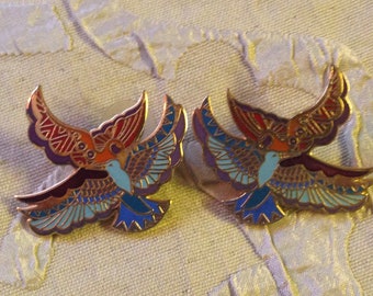 Laurel Burch Earrings ETHEREAL BIRDS Post Stud Cloisonné RARE Art Jewelry Signed Rainbow Colors